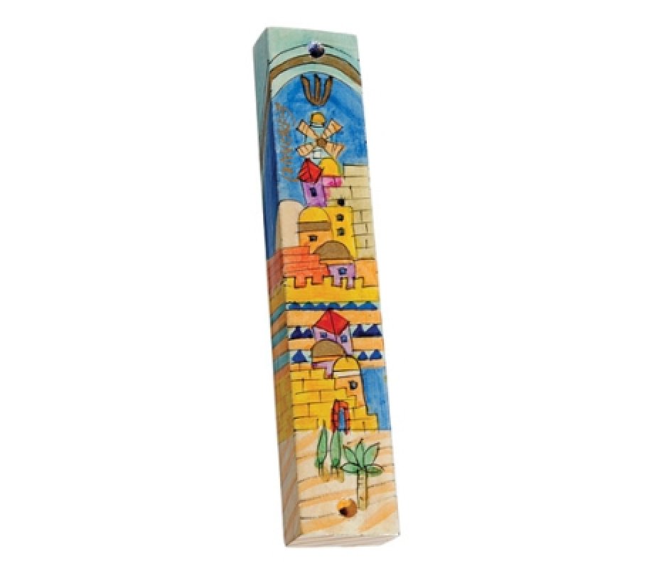 Yair Emanuel Small Hand Painted Wood Mezuzah Case - Golden Jerusalem