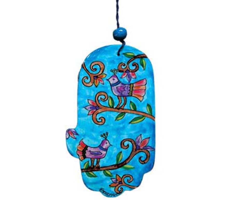 Yair Emanuel Small Hand Painted Wood Wall Hamsa, Blue - Birds