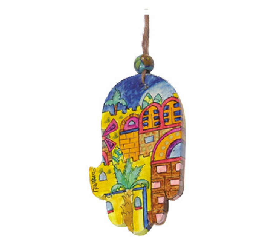 Yair Emanuel Small Hand Painted Wood Wall Hamsa, Colorful - Golden Jerusalem