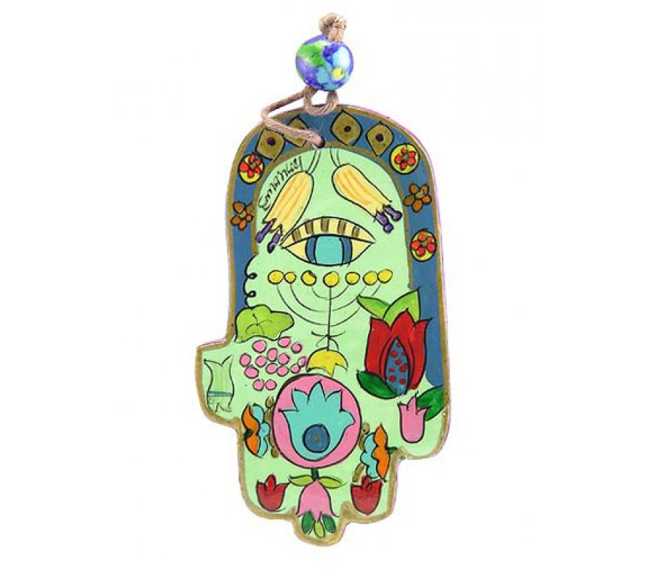 Yair Emanuel Small Hand Painted Wood Wall Hamsa, Colorful - Motifs