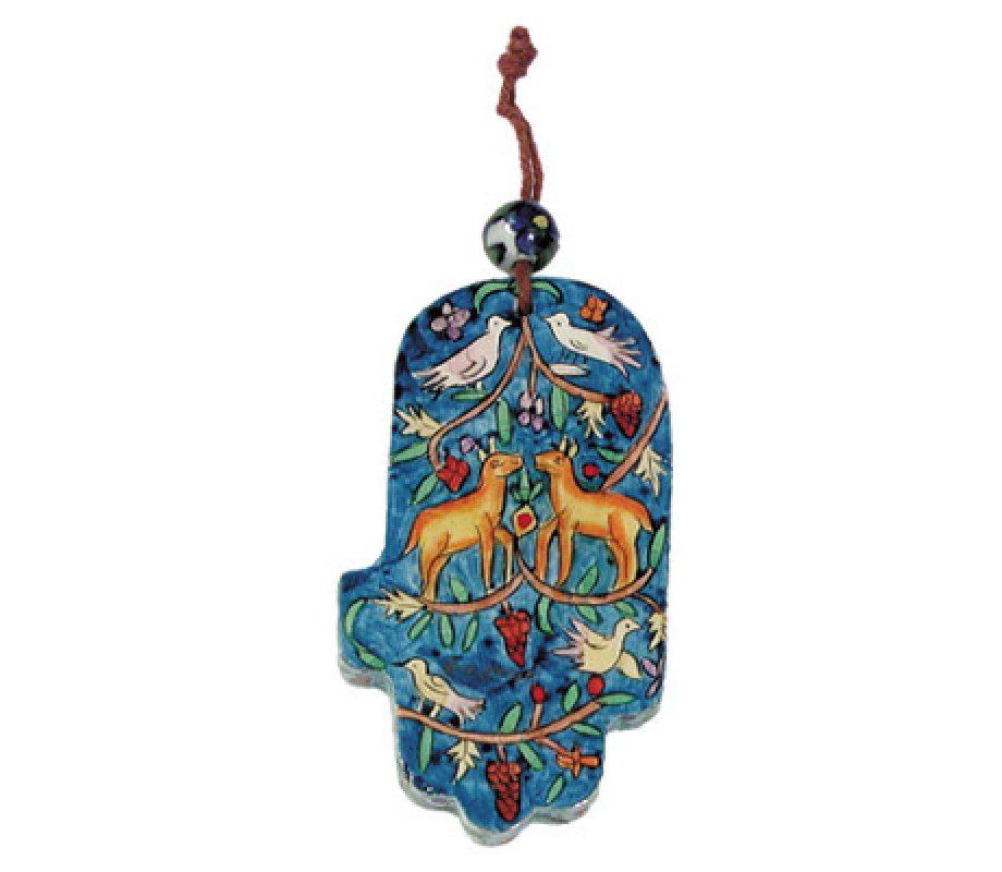 Yair Emanuel Small Handpainted Wood Wall Hamsa, Blue - Forest