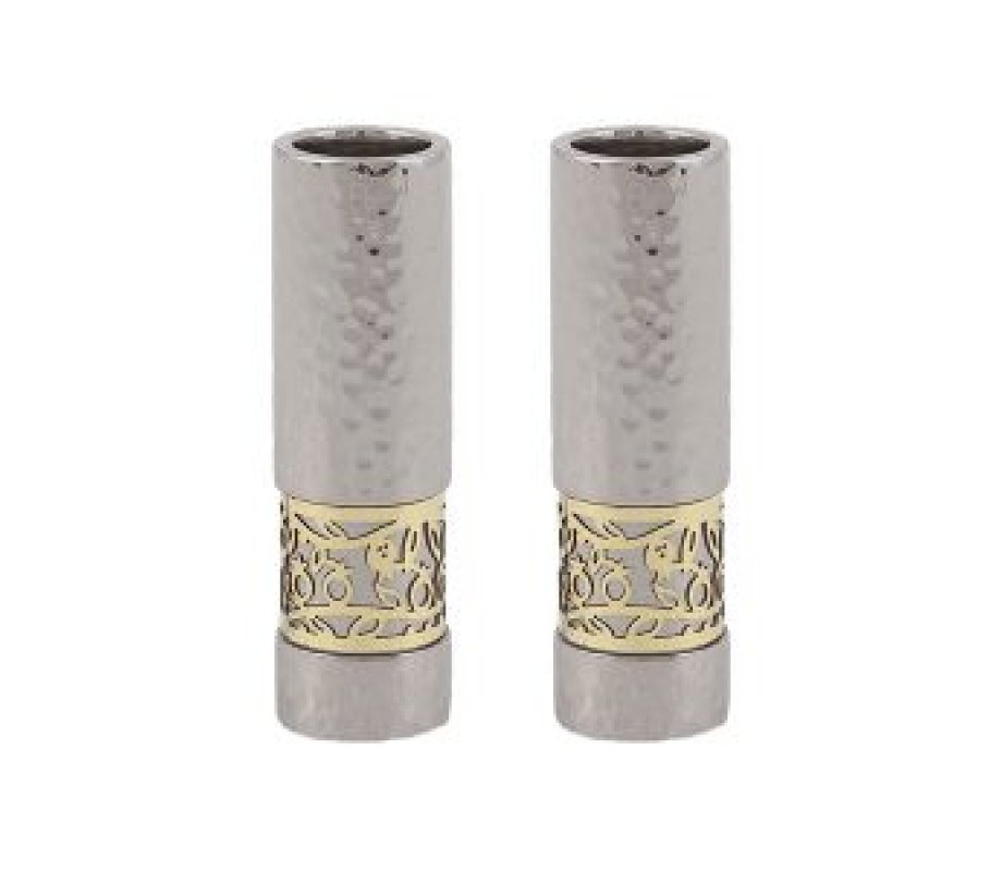 Yair Emanuel Small Shabbat Candlesticks, Gold Pomegranate Band - Hammered Silver
