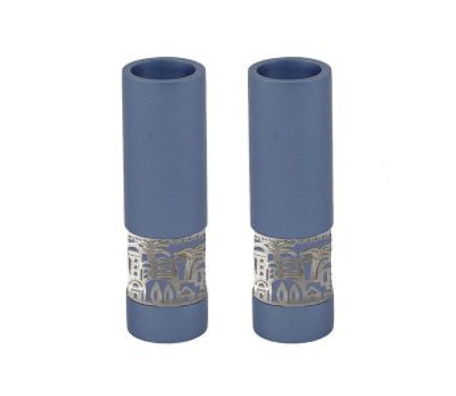 Yair Emanuel Small Shabbat Candlesticks, Silver Jerusalem Band - Blue