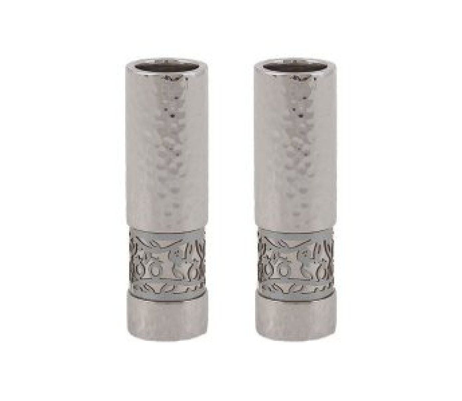 Yair Emanuel Small Shabbat Candlesticks, Silver Pomegranate Band - Hammered