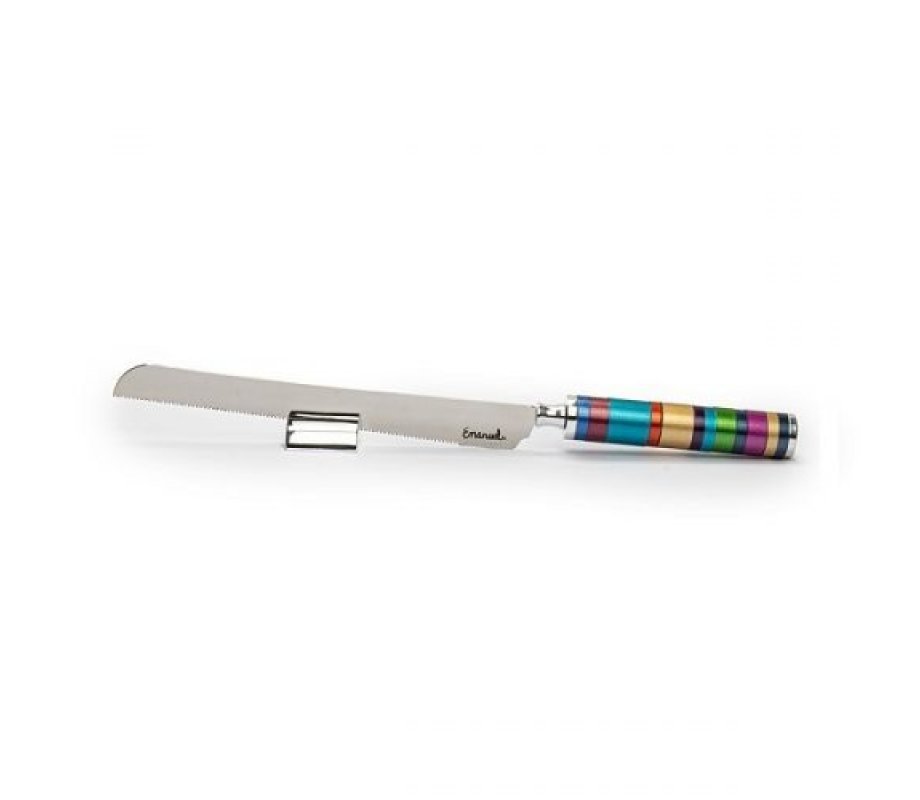 Yair Emanuel Stainless Steel Challah Knife with Stand - Decorated Colored Handle