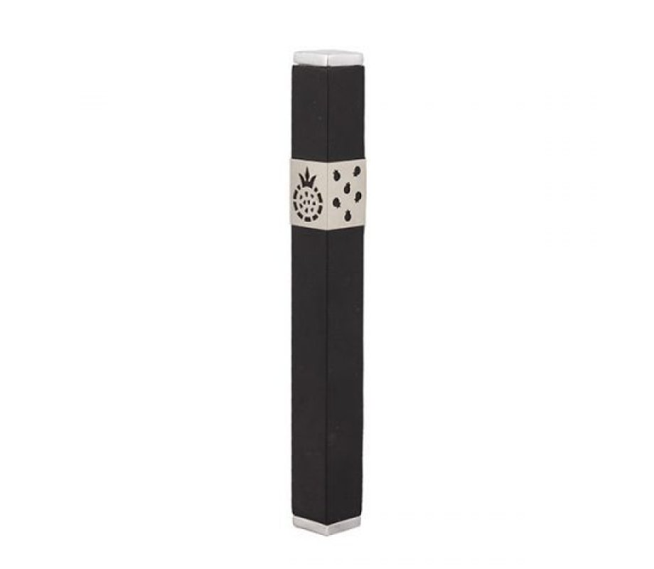 Yair Emanuel Stainless Steel Mezuzah Case, Cutout Pomegranates - Black