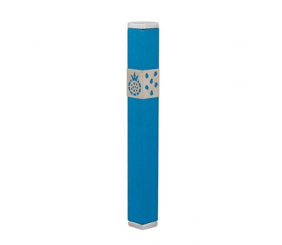 Yair Emanuel Stainless Steel Mezuzah Case, Cutout Pomegranates - Blue-Turquoise