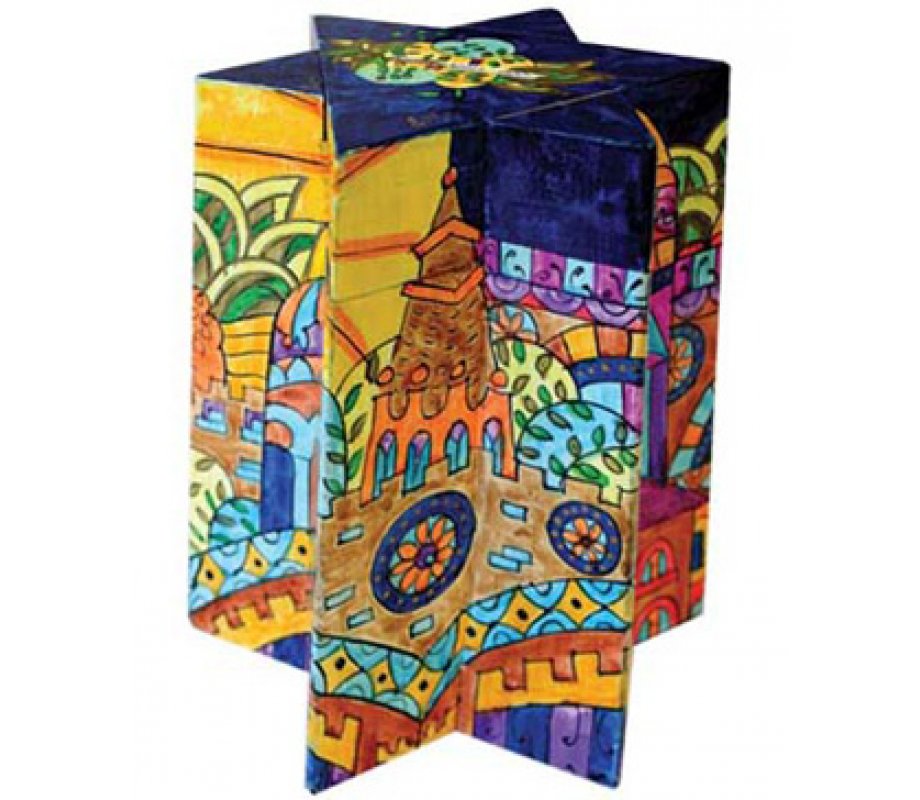 Yair Emanuel Star of David Colorful Wood Charity Tzedakah Box - Golden Jerusalem