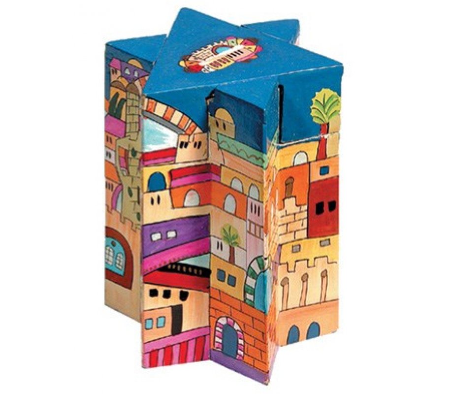 Yair Emanuel Star of David Colorful Wood Charity Tzedakah Box - Jerusalem