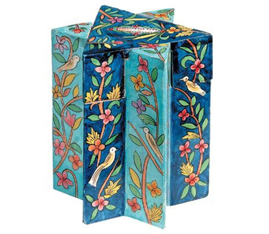 Yair Emanuel Star of David Wood Charity Tzedakah Box - Birds Floral, Blue