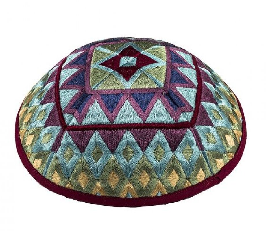 Yair Emanuel Tallit & Kippah & Bag Set, Embroidered Squares & Shapes - Colorful