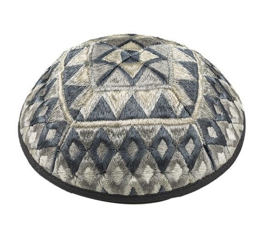 Yair Emanuel Tallit & Kippah & Bag Set, Embroidered Squares and Shapes - Silver