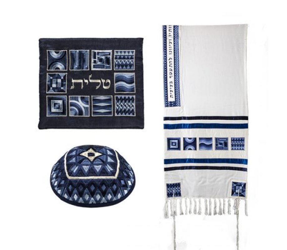 Yair Emanuel Tallit Kippah and Bag Set, Embroidered Squares and Shapes – Blue