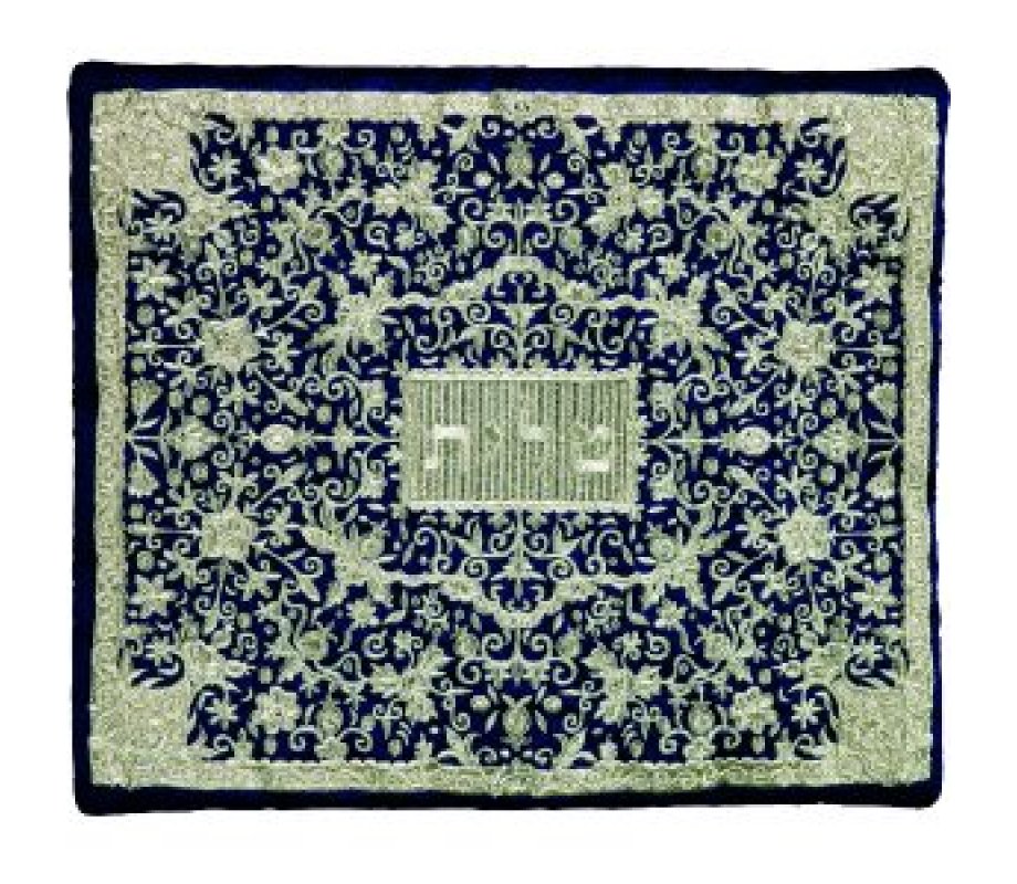 Yair Emanuel Tallit and Tefillin Bag Full Embroidery, Flowers - Silver on Blue