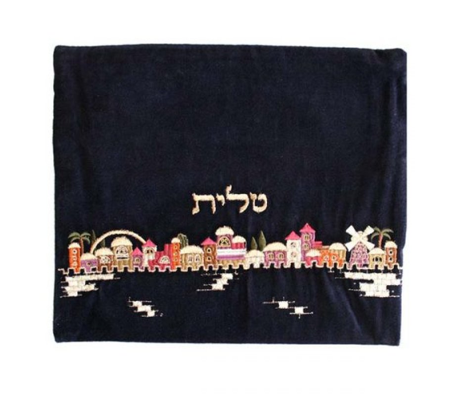 Yair Emanuel Velvet Tallit and Tefillin Bag Set - Embroidered Jerusalem Images