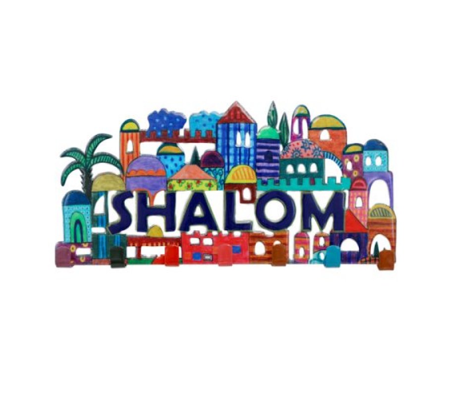 Yair Emanuel Wall Key Hanger - Colorful Jerusalem Images with Shalom in English