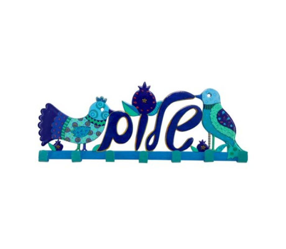 Yair Emanuel Wall Key Hanger, Blue Birds - Shalom in Hebrew