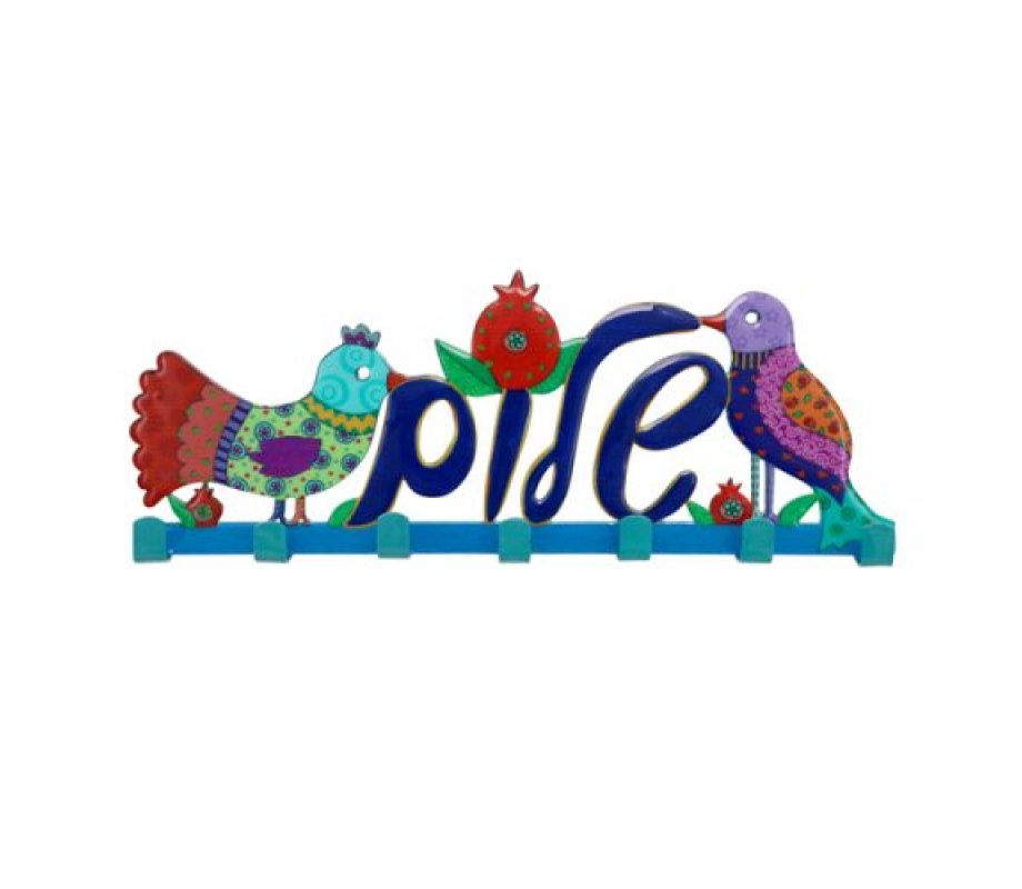 Yair Emanuel Wall Key Hanger, Colorful Birds - Shalom in Hebrew