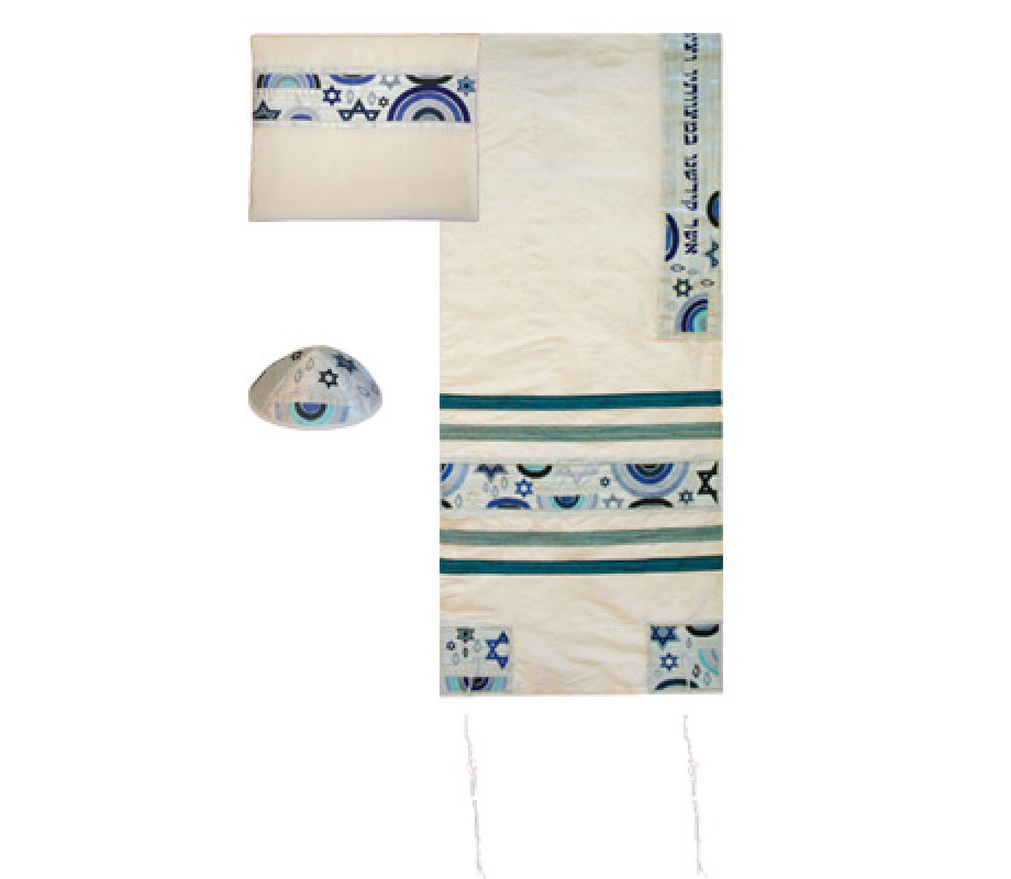 Yair Emanuel White Polysilk Tallit Set - Embroidered Blue Judaica Symbols
