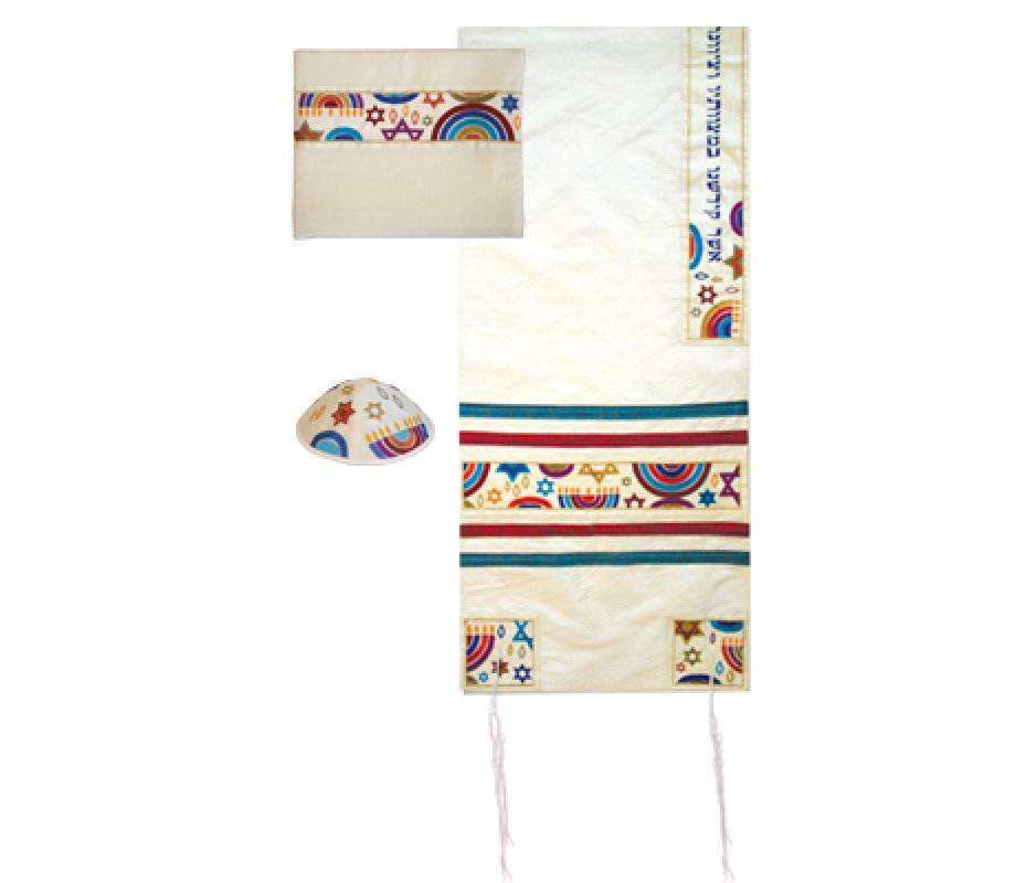 Yair Emanuel White Polysilk Tallit Set - Embroidered Colorful Judaic Symbols