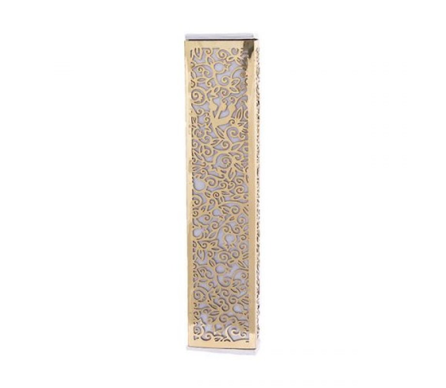 Yair Emanuel Wide Mezuzah Case, Cutout Pomegranates and Flowers - Copper