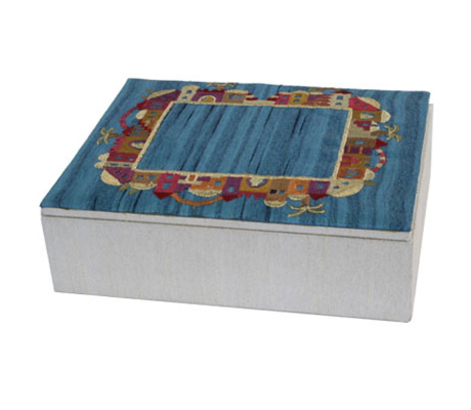 Yair Emanuel Wood & Fabric Blue Embroidered Jewelry Box - Jerusalem Frame