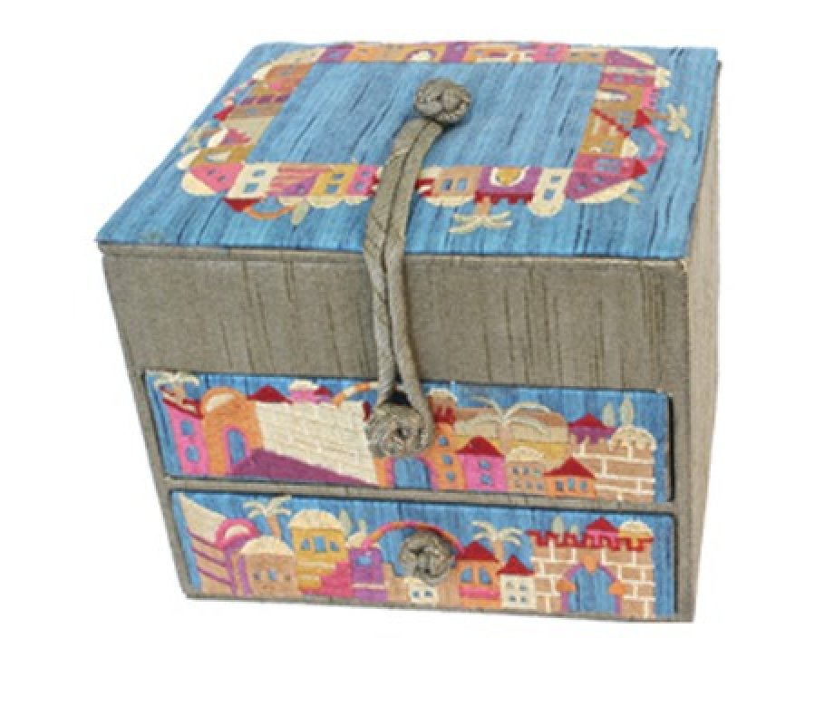 Yair Emanuel Wood & Fabric Embroidered Blue Gold Jewelry Box - Jerusalem