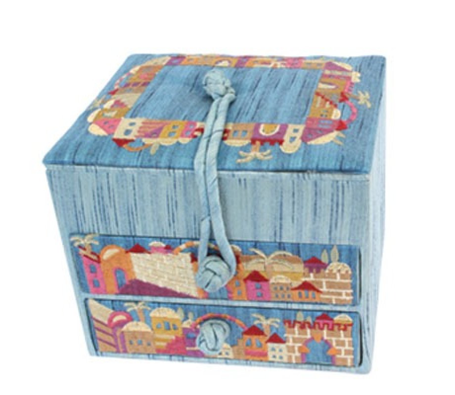 Yair Emanuel Wood & Fabric Embroidered Blue Jewelry Box - Jerusalem