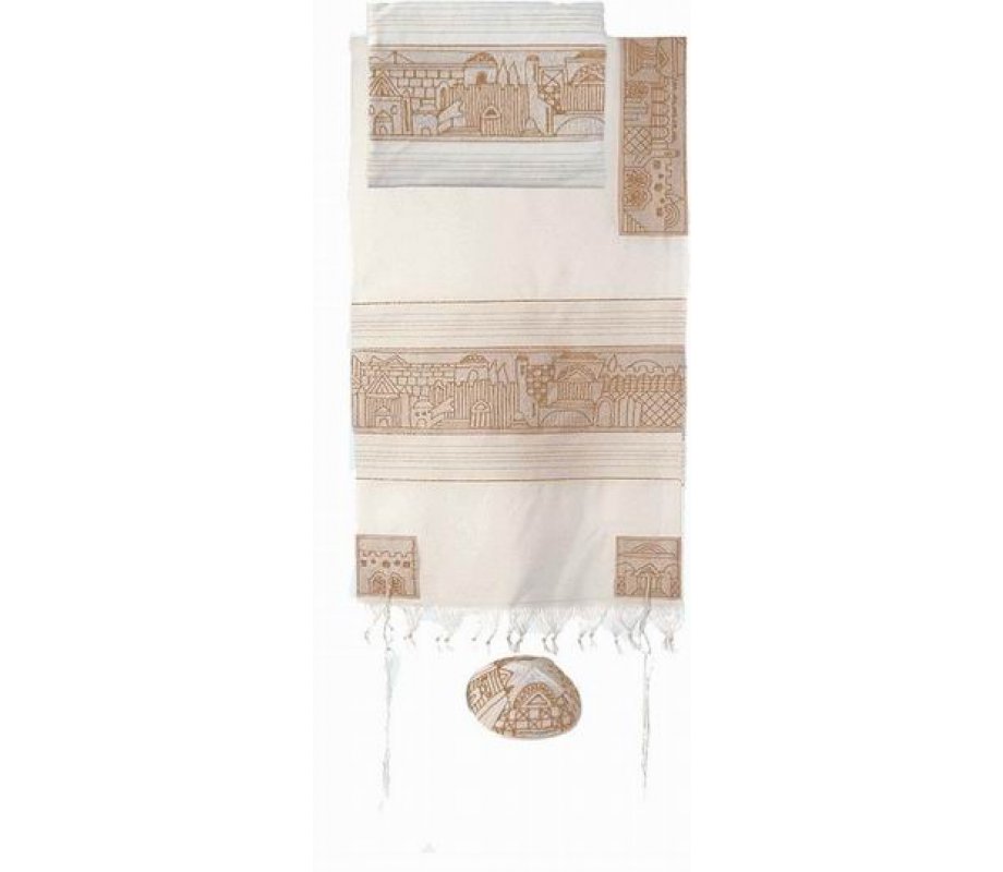 Yair Emanuel Woven Cotton Tallit Set, Hand Embroidered Jerusalem Images - Gold