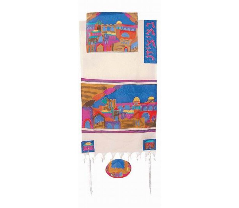 Yair Emanuel Woven Cotton and Hand Painted Tallit Set - Golden Jerusalem