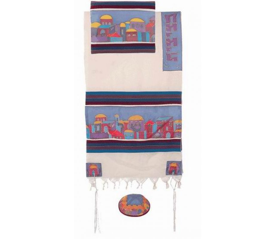 Yair Emanuel Woven Cotton and Silk Tallit Set, Jerusalem Views - Multicolor