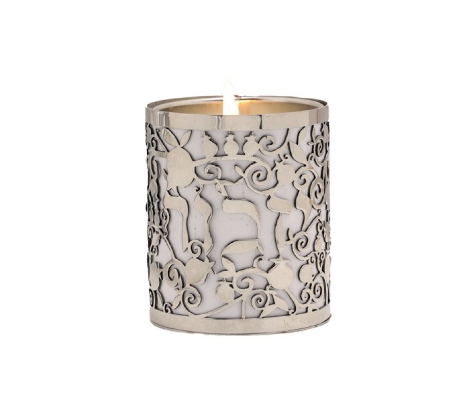 Yair Emanuel Yahrzeit Memorial Candle Holder, Yizkor & Pomegranate Cutout - White