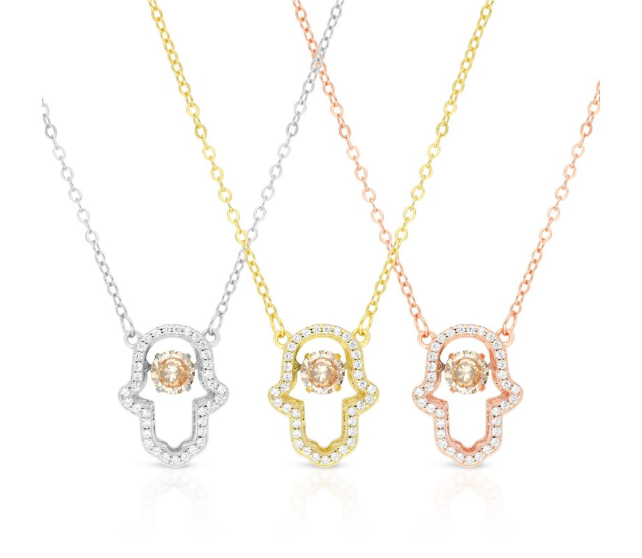 Yellow-Gold Plated Sterling Silver Necklace with Hamsa Pendant, Zircon Decorated