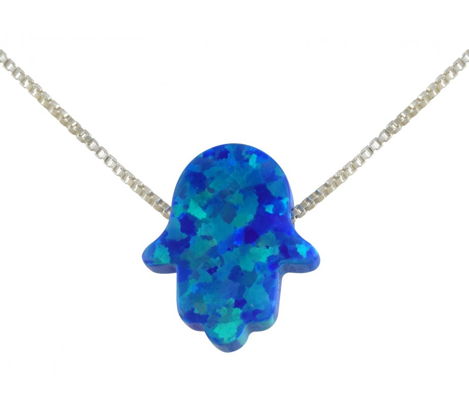 aJudaica Blue Opal Hamsa Pendant Necklace