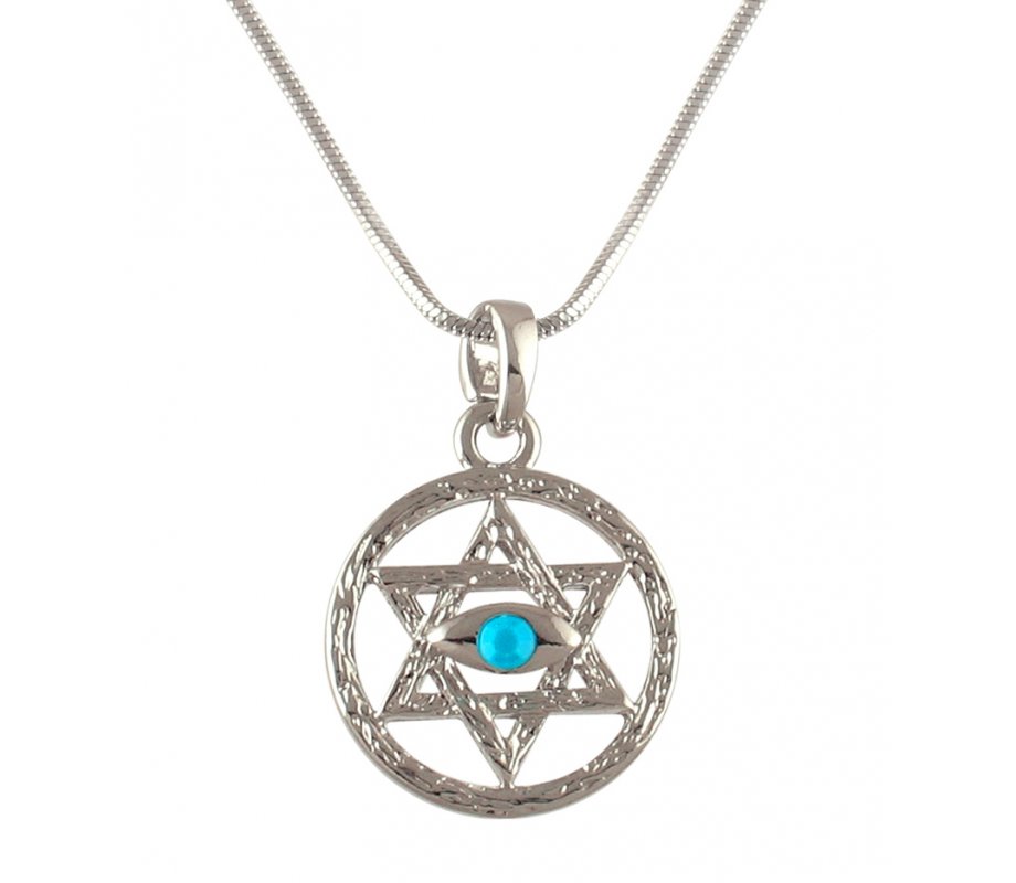 aJudaica Rhodium Star of David Necklace - Blue Stone