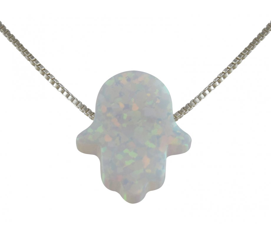 aJudaica White Opal Hamsa Hand Necklace