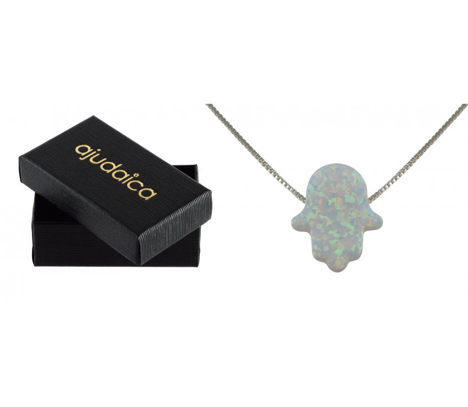 aJudaica White Opal Hamsa Hand Necklace